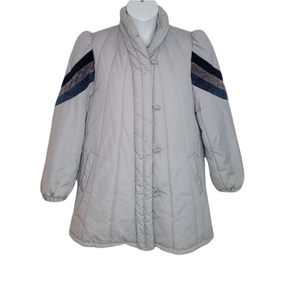 VINTAGE 70s coat gray puff sleeve quilted winter jacket with corduroy stripe L